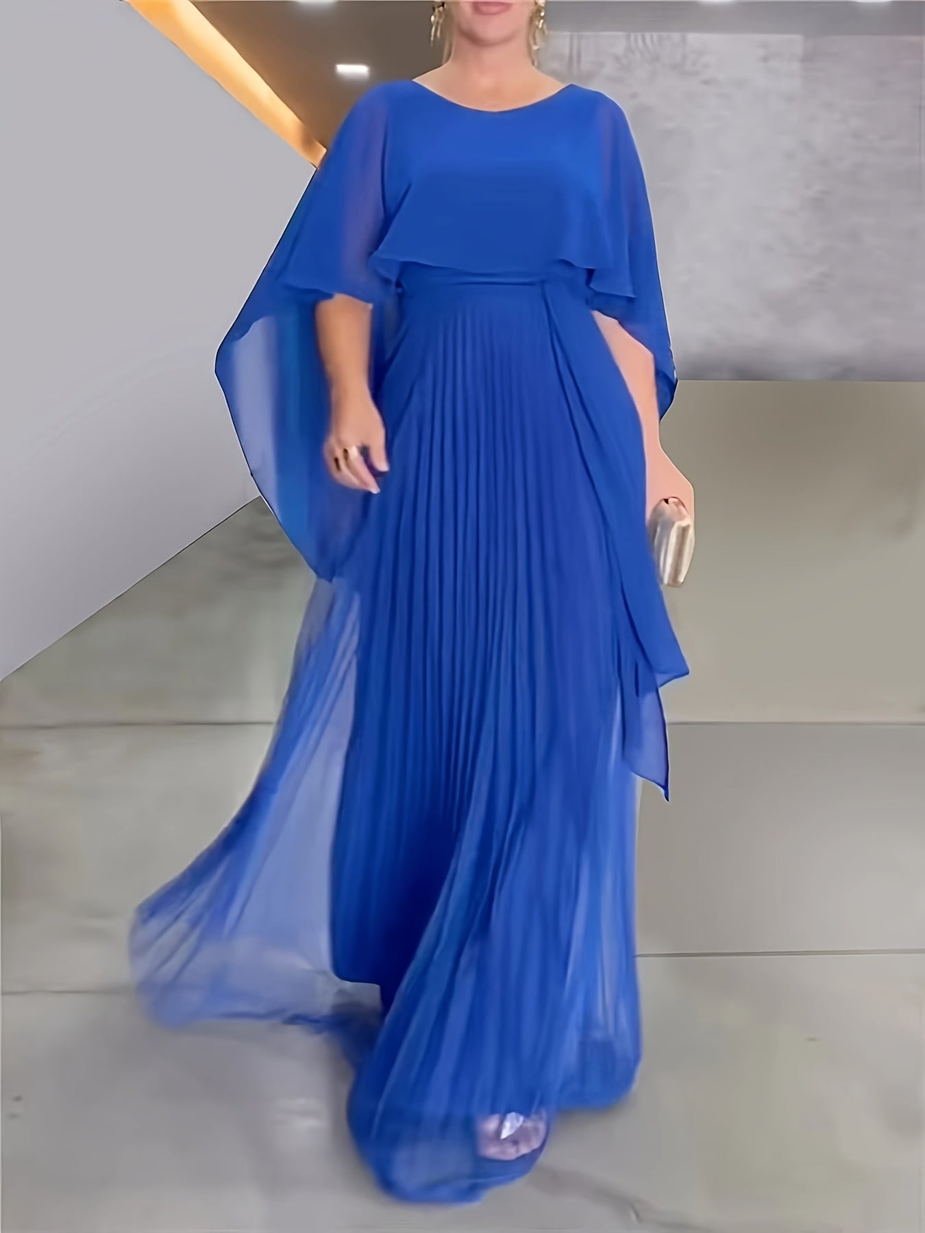 Elegant Solid Color Round Neck Pleated Fake Two-Piece Long Swing Dress